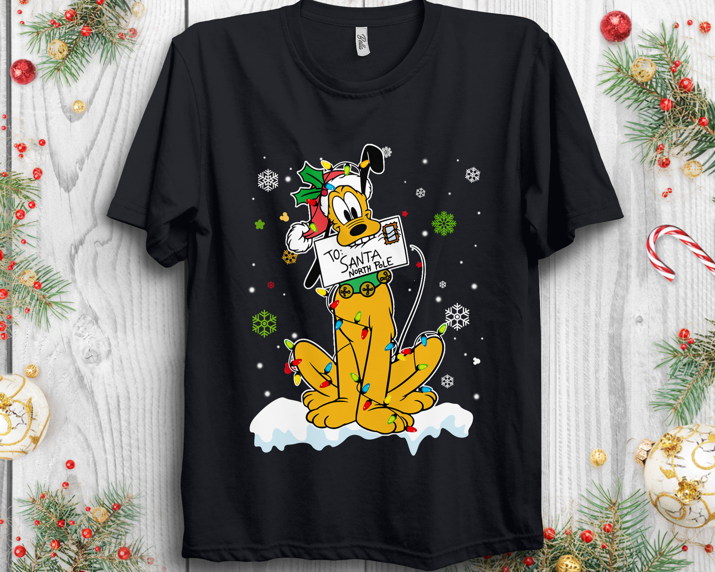 Discover Disney Santa Pluto Dog Christmas Lights, Mickey and Friends Christmas tee