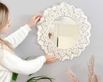 Macramé mandala-spiegel, boho wanddecoratie gerecycled katoen, ronde accentspiegel