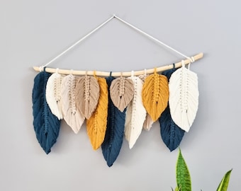 Hojas de Macrame, Colgante de pared de hoja de Macrame, Decoración de vivero, Colgante de pared de plumas de Macrame, Colgante de pared de macrame moderno, Decoración escandinava