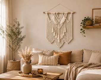 Handmade Macrame Wall Hanging, Boho Wall Decor with Tassels, Woven Fiber Art, Neutral Beige Wall Tapestry, Bohemian Home Decor