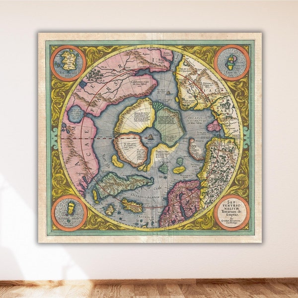 Impresión de póster de mapa mundial vintage, lienzo de mapa de la Tierra plana antigua, primer mapa del Ártico del Polo Norte por Mercator 1606 Arte de pared de mapa grande