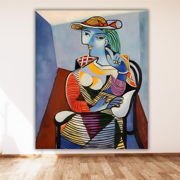Femme au béret et à la robe quadrillée,Pablo Picasso Femme a la Montre Poster Print Art Canvas Wall Art,Pablo Picasso Art Print Wall Decors