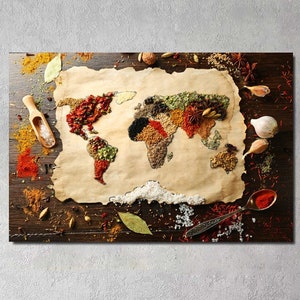 Impression d'art mural carte du monde cuisine épices/toile, art déco mural cuisine, très grande impression d'art mural, impression d'art mural carte du monde épices toile