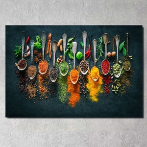 Kruiden en specerijen muurkunst canvas print, kruiden en specerijen poster kunst, keuken muur decor, moderne muur kunst, grote muur kunst, keuken muur kunst decor