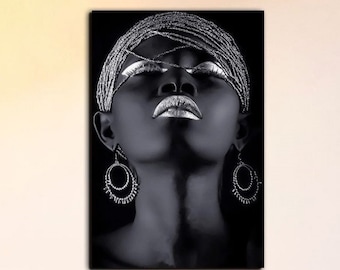 African Woman Silver Wall Art Print,African Woman  Silver Canvas Art,African American Art Decor,African  Silver Wall Decor,Housewarming Gift