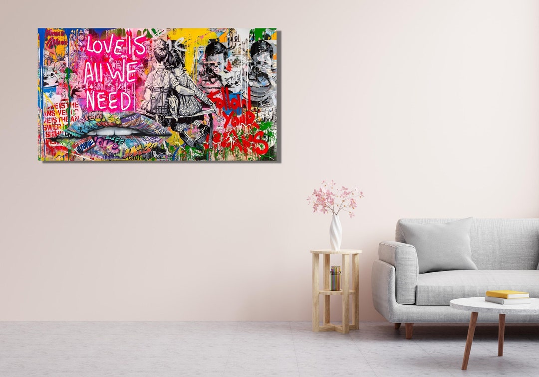 Tableau Banksy Style Street Art 'We Need Love' 170x100 Cm, XXL, Finition Aérographe