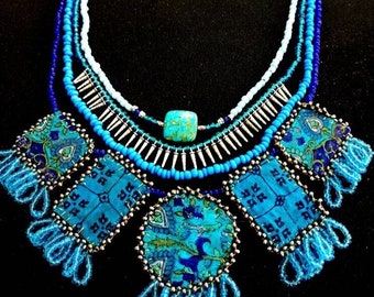 Blue Pendant Valentines Day Necklace, Multi strand Jewelry,  Gifts For Women,  Beaded Necklace, Blue Glass Necklace, Blue Statement Necklace