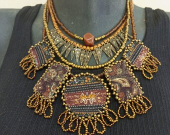 Bohemian Statement Necklace: Brown Silk Artwork, Beaded Bronze Jewelry
