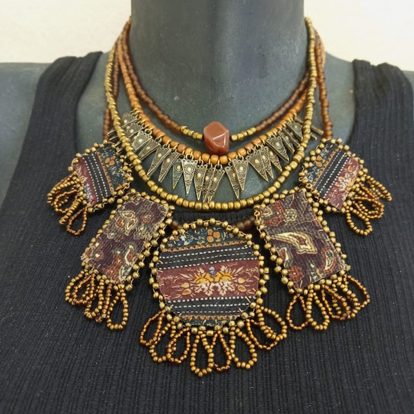 Bohemian Jewelry - Captivating Brown Statement Artwork Silk Necklace - Perfect Gift for Her - Beaded Bronze Jewelry Necklace