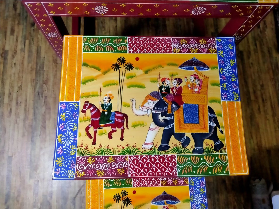 Wooden Indian Solid Wood Handpainted Nesting Table Nest of Tables Set of 3 Wooden Stool Set