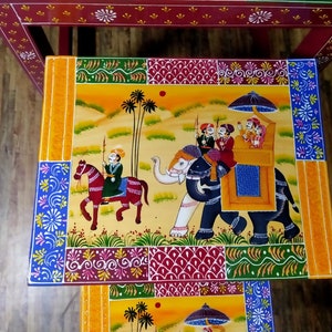 Wooden Indian Solid Wood Hand-Painted Nesting Table Nest of Tables set of 3 wooden stool set/ Ethnic tables/ Side table/ End Table Art