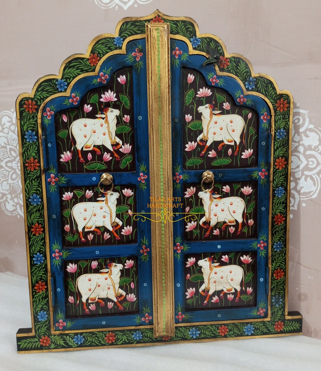 Wooden Window Vintage, Handpainted Cow Design Window Wall Panel, Indian