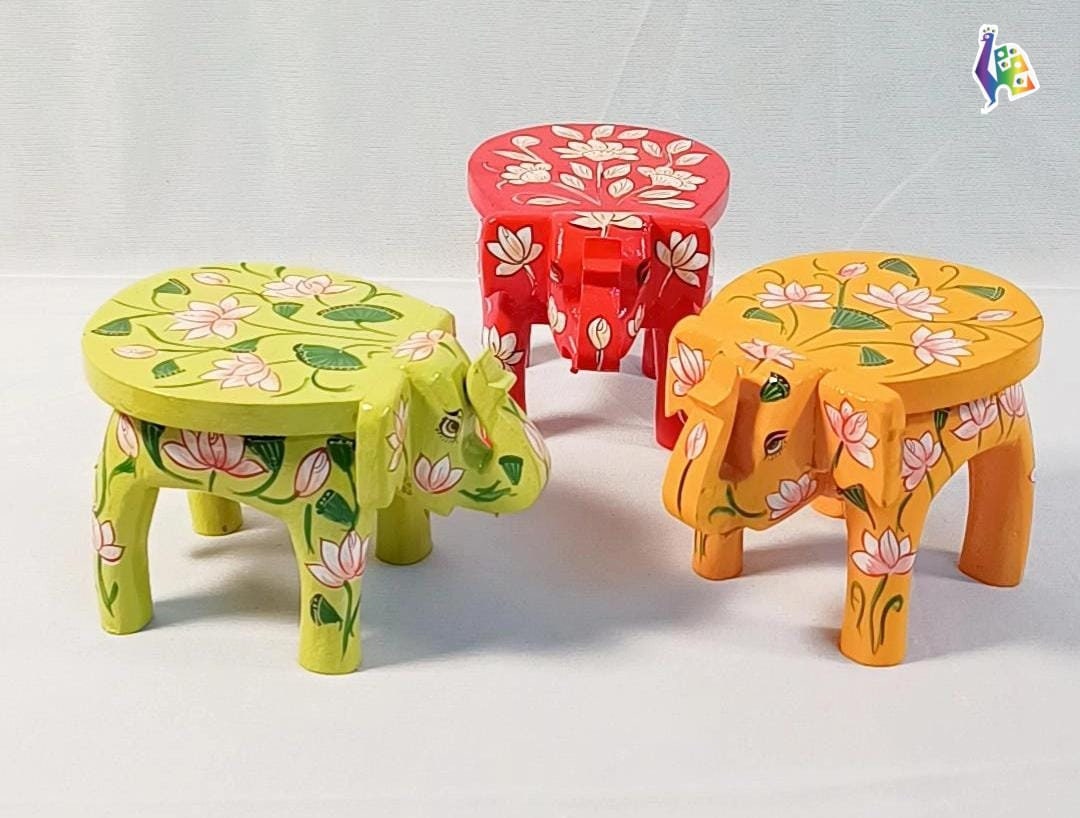 Wooden Rajasthani Decorative Hand Painted Elephant Stool Home Office