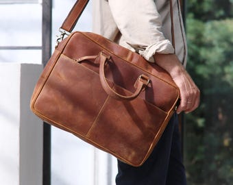 Handmade Full-Grain Leather briefcase / messenger bag: Unisex for Daily | School | Work | University document bag.
