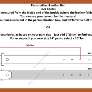 May include: Diagram illustrating how to measure for a personalized leather belt. The image shows two belt diagrams, one labeled "Belt front" and the other "Belt back", with instructions on how to measure the belt size. Text explains how to measure using an existing belt or pant size.