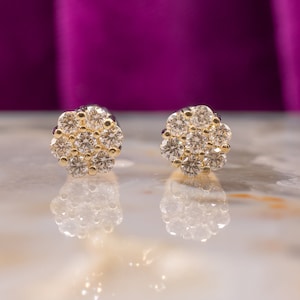 14K Yellow Gold Diamond Flower Stud Earrings 0.44ctw Screw Back April Birthstone Gift Natural Diamond Flower Cluster Screw Back Stud Earring
