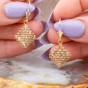 Vintage 14 Karat Yellow Gold Textured Woven Dangle Leverback Earrings, Solid Vintage Gold Jewelry, Upcycled Fine Jewelry Gift, Cute Earrings