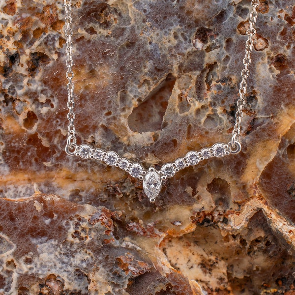 Platinum 950 Marquise Shape Natural Diamond & Round Brilliant Cut Natural Diamond "V" Necklace 18 Inches Fine Jewelry Gift