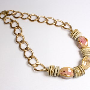 REDUCED PRICE Necklace - pink/sand porcelain & antique gold chain