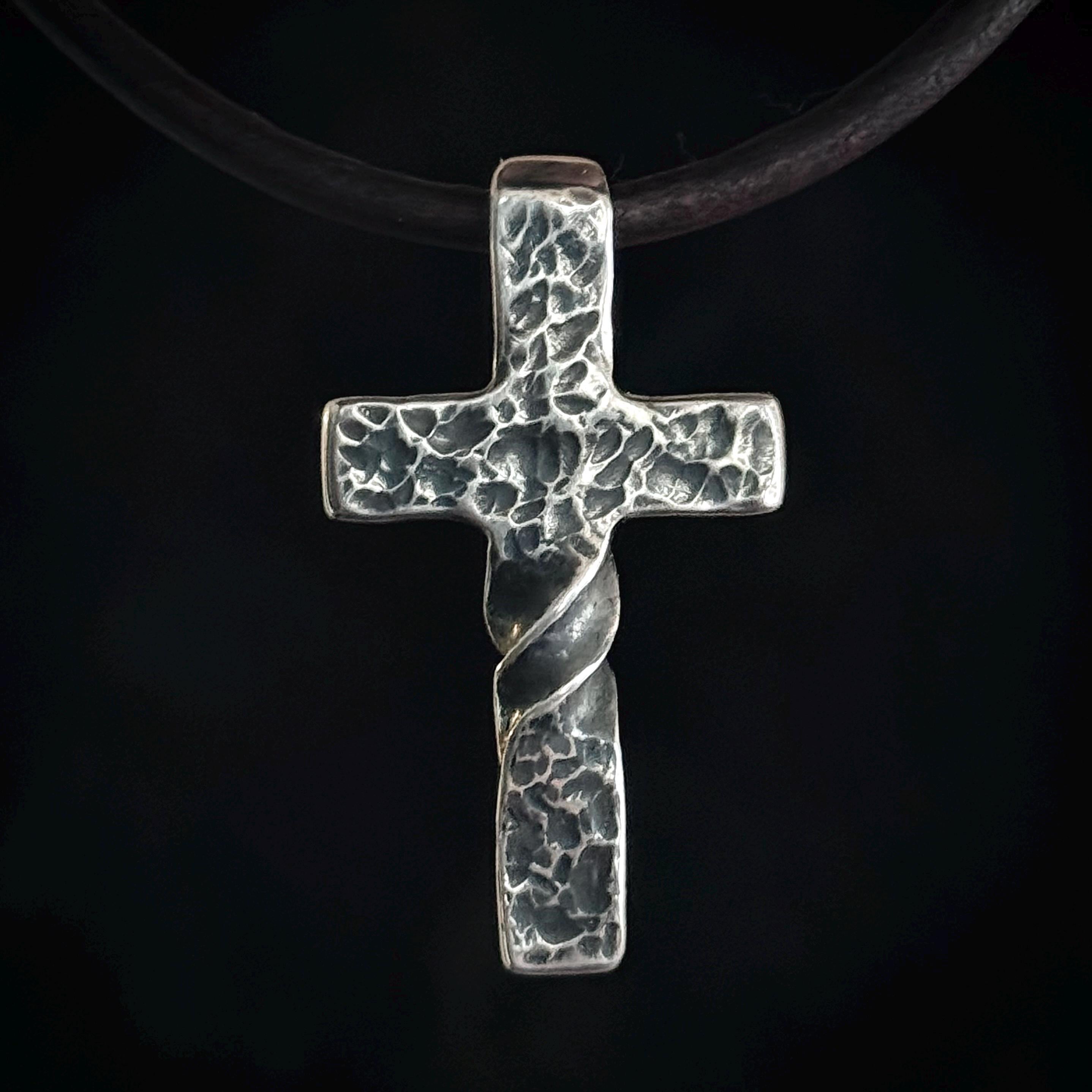 100% Pure Silver, Petite, Twisted, Hammered Cross Pendant. Made in
