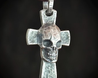 100% Pure Silver, Skull Cross Pendant. Memento Mori. Made in America. Hand forged in Montana.
