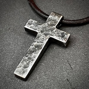 Hammered CROSS PENDANT. Forged in Montana. Steel. Rugged. Leather cord. Necklace. Christian. Gifts. For him. For her. Jewelry. Best seller