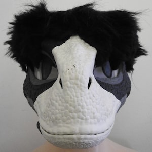 May include: A gray and white dinosaur head mask with black fur on top. The mask has a white snout and gray eyes.