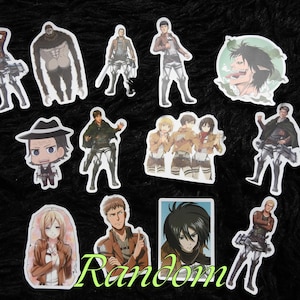 May include: A collection of anime character stickers, featuring various figures in action poses. The stickers showcase characters in brown and white uniforms, with some in green and black outfits. The word "Random" is written in green cursive.