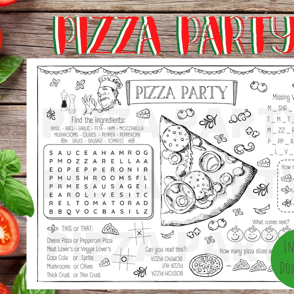 Pizza Party, Pizza Lover's, Placemat, Coloring and Activity Page,  Party Supplies,  Instant Download, PDF, Printable