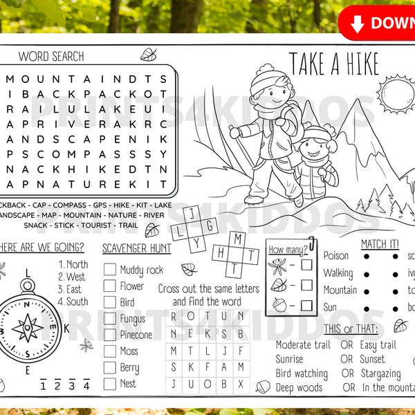 Hiking, Nature, Hiking Worksheet, Coloring and Activity Page, Coloring Placemat, Party Supplies, Instant Download, PDF, Printable