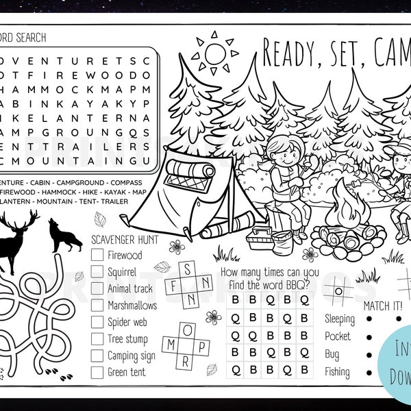 Camping, Wildlife, Camping Worksheet, Coloring and Activity Page, Coloring Placemat, Party Supplies, Instant Download, PDF, Printable