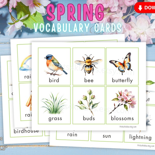 Spring, Vocabulary Cards, Learning Flash Cards,  Language Development,  Kindergarten, Educational, PDF, Instant Download