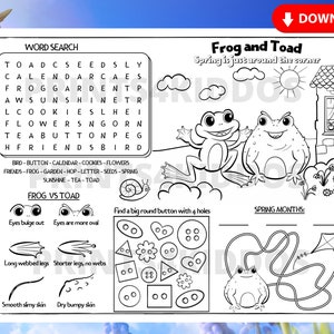 Frog and Toad, Coloring Page, Story Time, Activity Mat, Arnold Lobel, Spring, Coloring Placemat, Instant Download, PDF, Printable