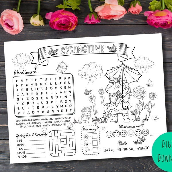 Spring, Springtime Activity Mat, Spring Coloring, Spring Placemat, Spring Worksheet, Printable, Digital, PDF, Instant Download