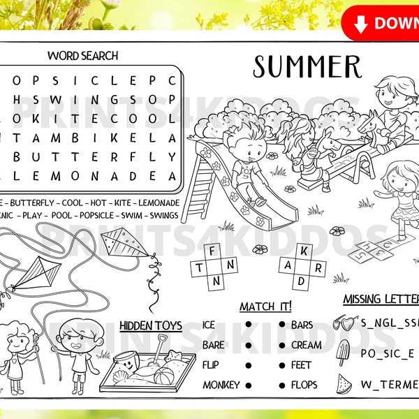 Summer, Summertime Activity Mat, Summer Coloring, Summer Placemat, Summer Worksheet, Printable, Digital, PDF, Instant Download