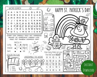 St. Patrick's Day, Coloring Placemat, St. Patrick's Day Activity & Coloring Worksheet for Kids, Printable, Digital, PDF, Instant Download