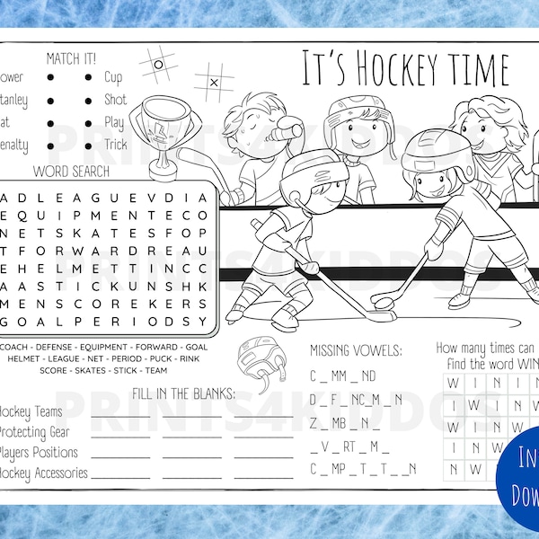 Hockey, Coloring Placemat, Activity & Coloring Worksheet for Kids, Printable, Digital, PDF, Instant Download