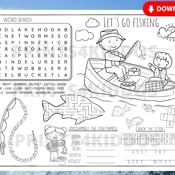 Fishing Worksheet, Fishing placemat, Coloring and Activity Page, Coloring Placemat, Party Supplies, Instant Download, PDF, Printable