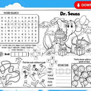 Dr. Seuss, Dr. Seuss  Worksheet, Seuss Activity Mat, Coloring and Activity Page, Coloring Placemat, Instant Download, PDF, Printable