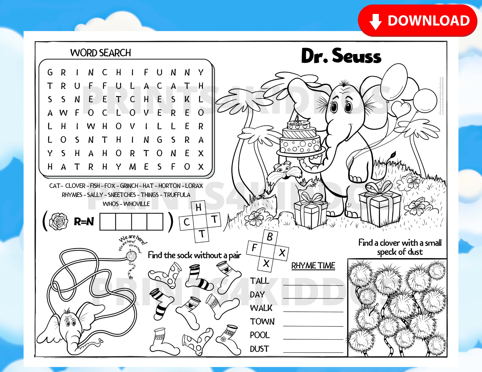 Dr. Seuss, Dr. Seuss Worksheet, Seuss Activity Mat, Coloring and