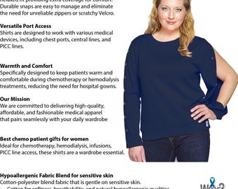 Camiseta para mujer con acceso a puerto de diálisis / Top para línea PICC, quimioterapia e infusión intravenosa, color azul marino