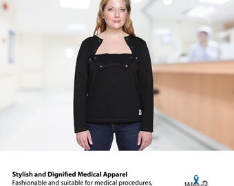 May include: Black long-sleeve shirt with a snap closure at the chest. The shirt is designed for medical procedures and features a discreet opening for easy access. "Wear2 Conquer" is printed on the bottom right corner of the shirt.