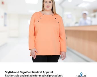 Plus Size Chest Port Chemo Sweatshirt, Long Sleeve Sunkist Coral Snap Closure