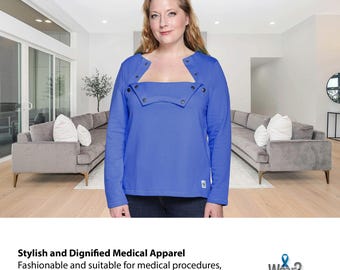 May include: A blue long-sleeved shirt with a snap closure at the neckline. The shirt is designed for medical professionals and features a discreet opening for easy access.