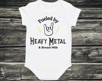 Fueled by Heavy Metal & Breast Milk Bodysuit, Rock 'n Roll Baby, Punk Baby, Funny Baby Gift, Metal Baby, Goth Baby, Handmade Baby Gift