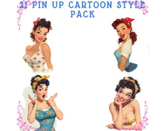 21 PNGs | Cartoon Pin-Up Girls | Transparent Background | Instant Download