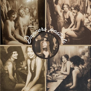 Puede incluir: Postales vintage en tonos sepia con cuatro imágenes diferentes de bailarinas. Las imágenes muestran a mujeres en camerinos, algunas sonriendo e interactuando. El texto "Dancers Postals" está escrito en cursiva en la imagen.