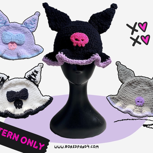 kawaii CROCHET PATTERN 2in1 SKULL crochet bucket hat kawaii cute gift gothic lolita crochet pattern advanced beginner