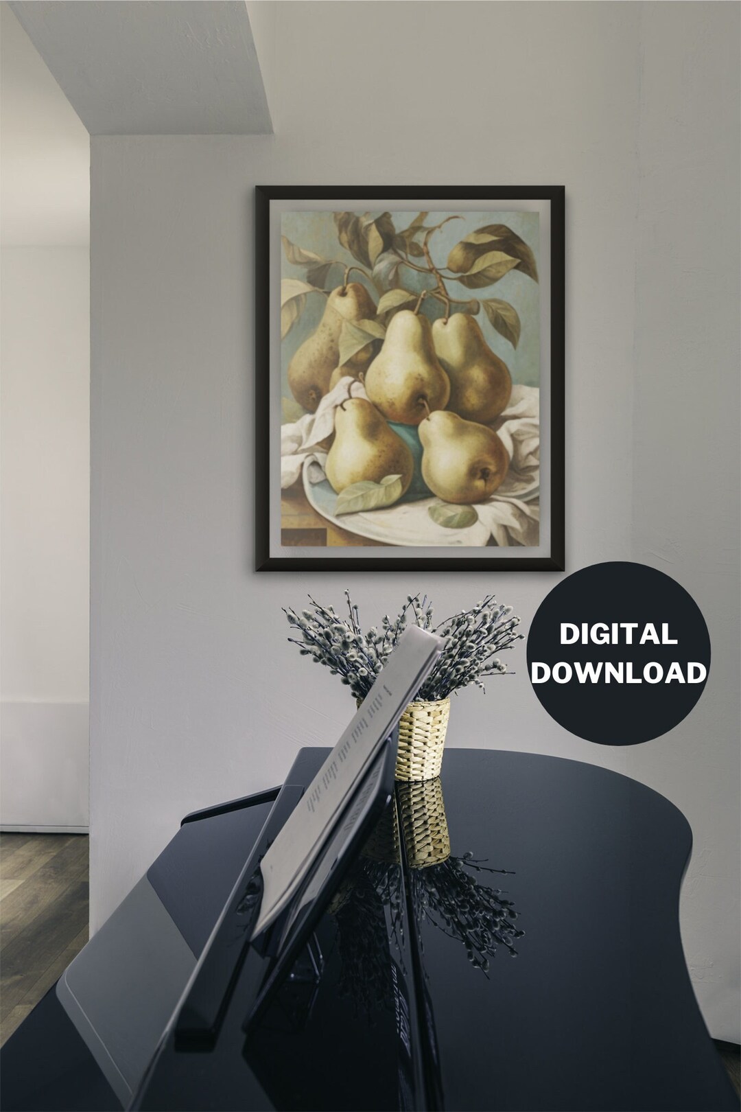 Vintage Kitchen Still Life Painting, Moody Pear Wall Art, Digital