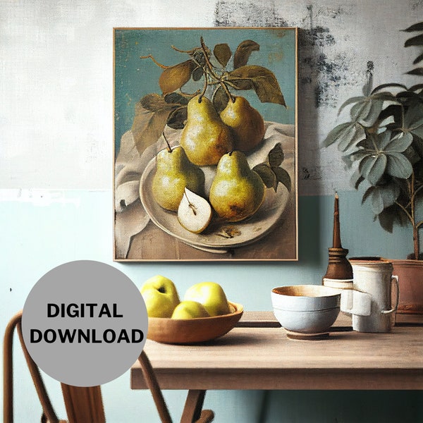 Vintage Kitchen Still Life Painting, Moody Pear Wall Art, Digital Download, Rustic Apple Farmhouse Kitchen Print, Vintage Oil Painting